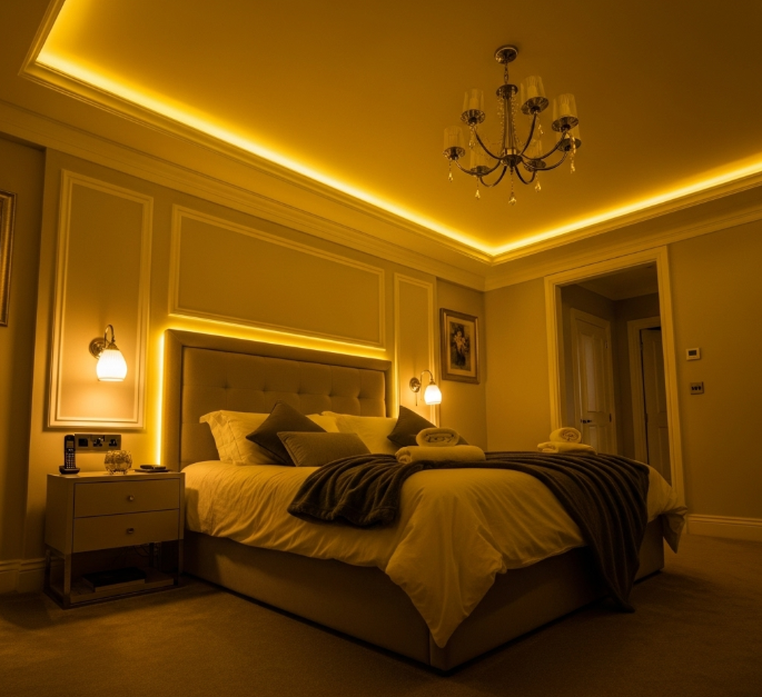 Hình ảnh phòng ngủ với đèn led dây sang trọng