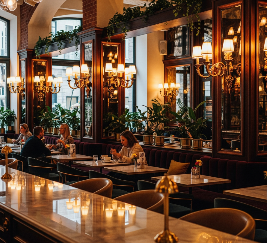 Hình ảnh quá cafe sang trọng với đèn tường cực đẹp