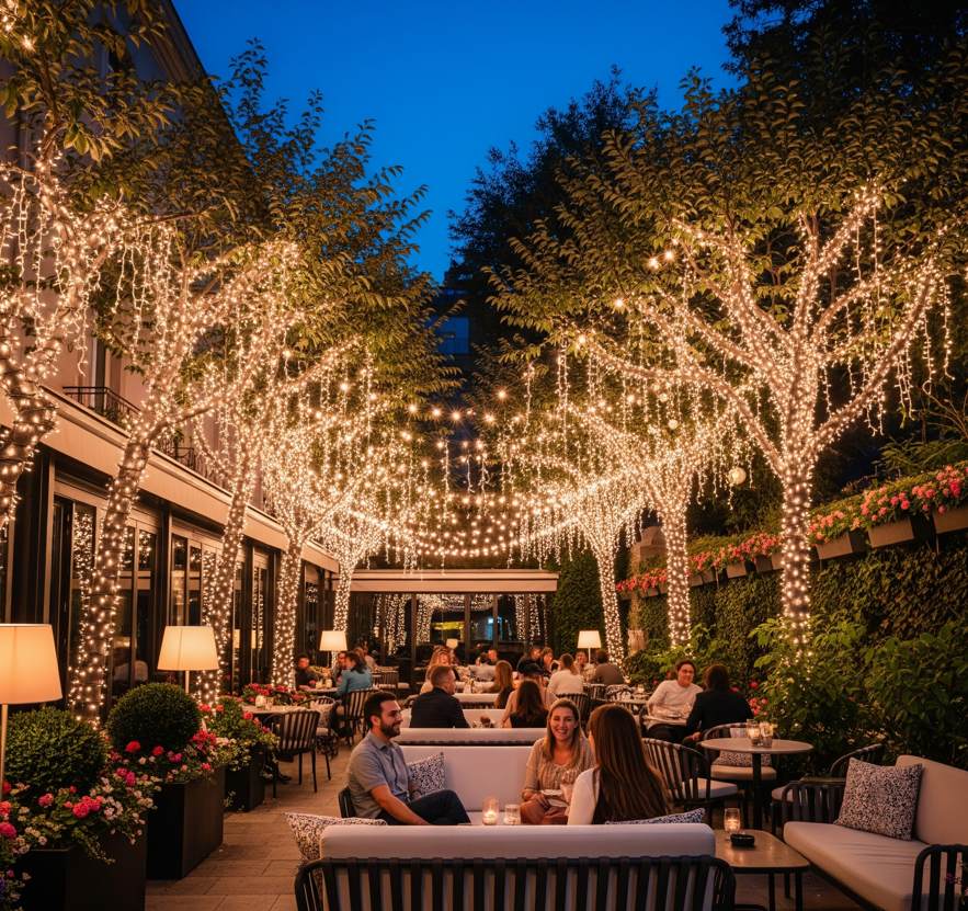Hình ảnh quán cafe ngoài trời sang trọng với đèn rọi cây cực đẹp