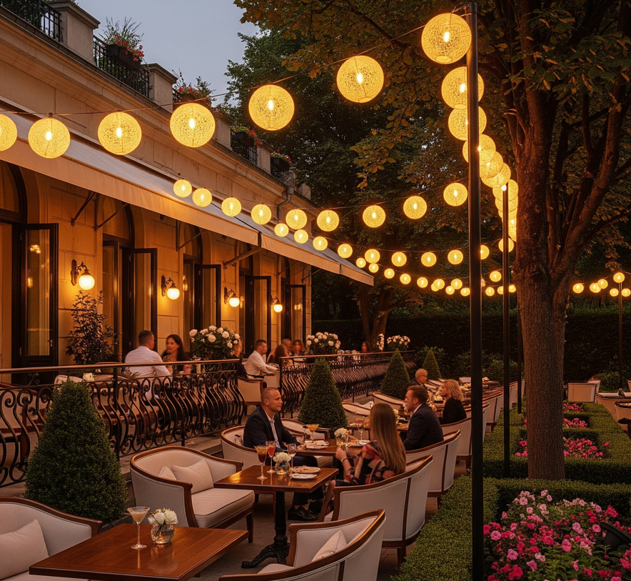 Hình ảnh quán cafe sang trọng với đèn dây bóng tròn ấm áp