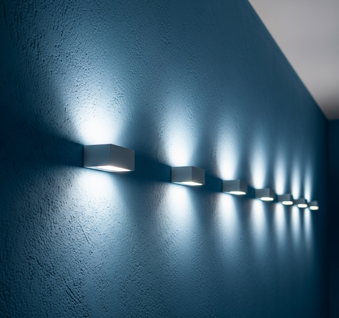 Hình ảnh tường nhà màu xanh dương được gắn đèn led cực đẹp