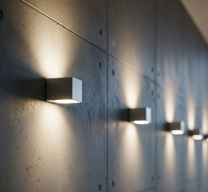 Hình ảnh tường nhà màu xám được gắn đèn led treo tường