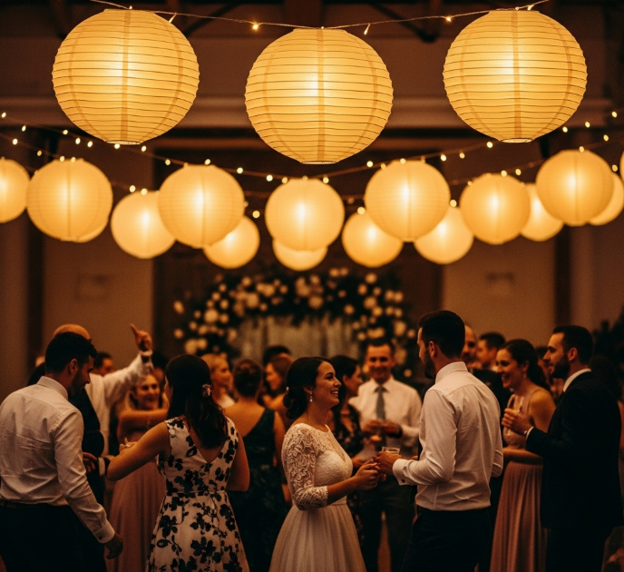 Hình ảnh đèn led treo lồng giấy dùng cho tiệc cưới